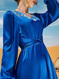 Blue Satin Long Dress Abaya Women Handsewn Rhinestones Belted Eid Ramadan Muslim Dresses Islam Dubai Turkish Modest Abayas