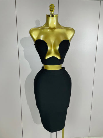 Women Sexy Strapless Backless Black Bandage Two Piece Suit Celebrity Designer Fashion Birthday Gown Evening Prom Costume