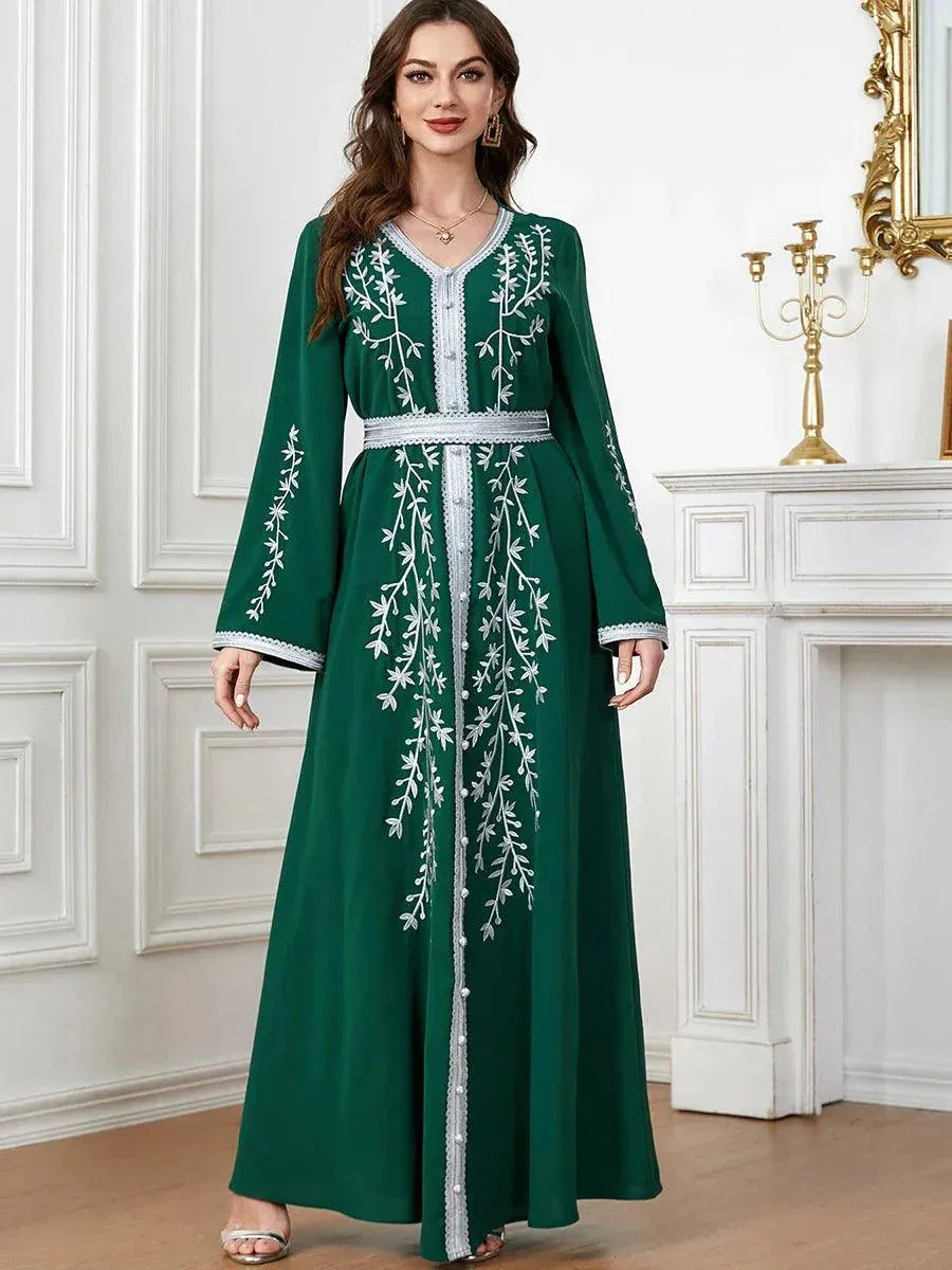 Abaya Islamic Fashion Solid Emberoidery Maxi Dresses Long Sleeve V-Neck Belted Clothing Moroccan Kaftan For Women Red Dress
