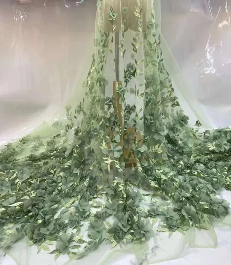 Elegant French Mesh Embroidery Tulle 3D Flower Fabric African Nigerian Lace Fabric For Wedding Party Dress 5Y/PCS As Picture5 5 Yards 120cm