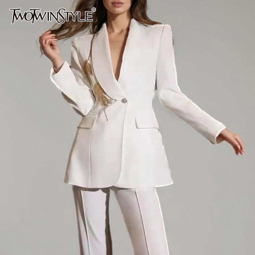 Solid Slimming Two Piece Sets for Women Lapel Long Sleeve Patchwork Bead Top High Waist Pant Temperament Set Female