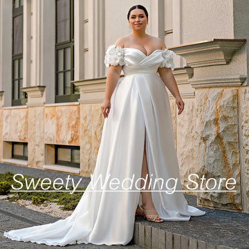 Plus Size Wedding Dresses Big Women Bride Dress Off The Shoulder V Neck Pearls Flower Satin A Line Corset Bridal Gown