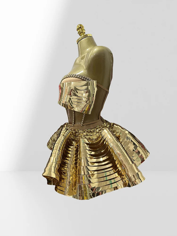 Mirror Surface Woman Party Set Stereoscopic Bows Strapless Tops And UFO Mini Skirt 2 Pieces Party Outfit Performance costume