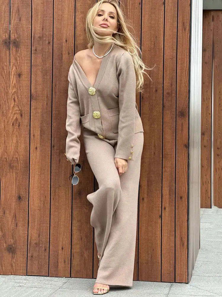 2025 Casual Women's Knitted Pants Set V-neck Long sleeved Single breasted Knitted Sweater Cardigan+Flare Pants Two piece Set