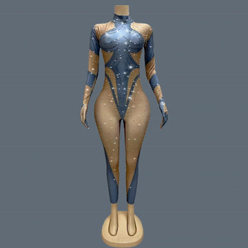Sparkly Rhinestones Jumpsuit Gloves for Women Sexy Stretchy Performance Dance Costume Nightclub Jumpsuit Show Stage Wear Dudou