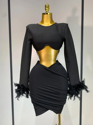 Luxury Birthday Dress Women Sexy Long Sleeve Feather Black Mesh Mini Bodycon Bandage Dress Elegant Evening Club Party Dress ﻿