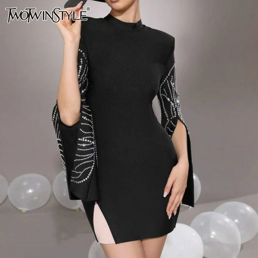 Solid Slimming Temperament Dresses for Women Round Neck Long Sleeves Patchwork Diamonds Dress Female Clothing New