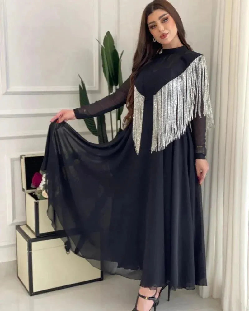 Ramadan Long Dress Moroccan Caftan Women's Spring Summer Big Swing Sexy High Waist Tassel Splice Chiffon Evening Dress