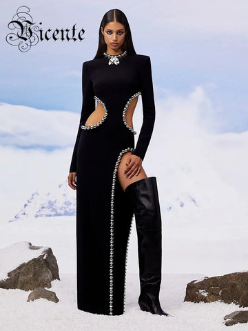 VC 2022 Winter Black Dress Women Sexy Hollow Out High Slit Fashion Party Wear Bandage Dress With Long Sleeve