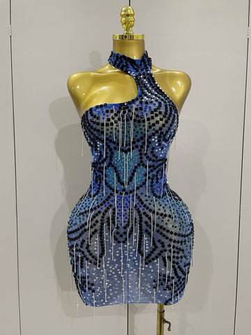 Sexy Sparkly Rhinestones Chains Blue Mesh Short Dress  New Women Party Celebrate Birthday Dresses Photo Shoot Stage Wear