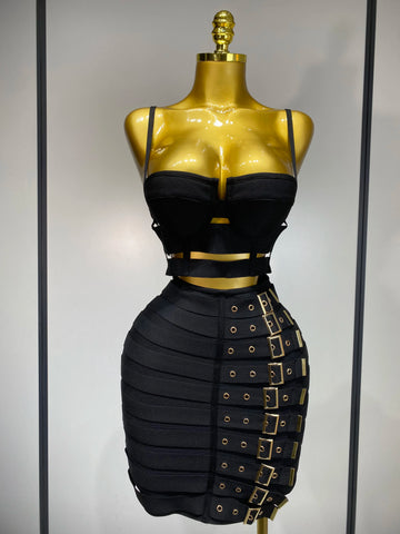 Women Sexy Black Cut Out Bodycon Bandage Skirt Two Piece Set 2025 Celebrity High Streeet Evening Birthday Club Party Outfits