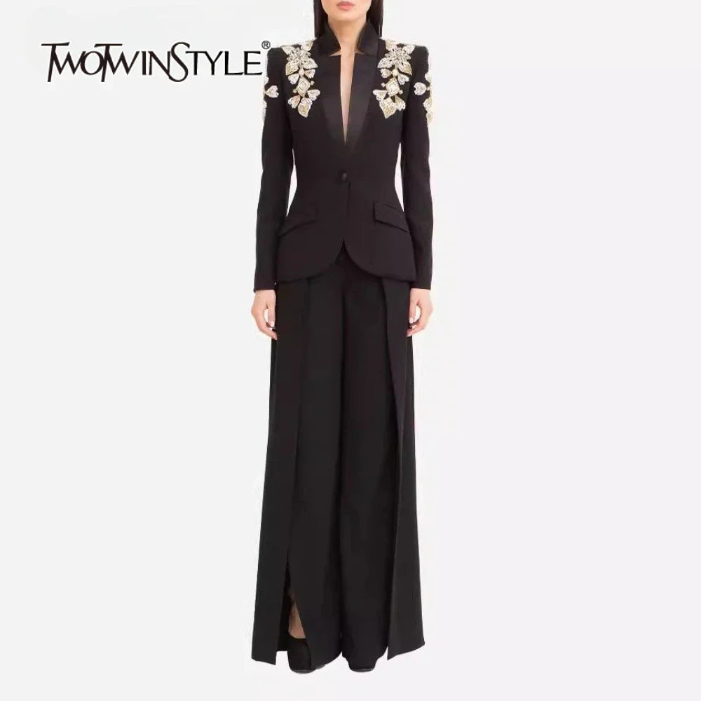 Slimming Two Piece Sets for Women V Neck Long Sleeves Spliced Appliques Top High Waist Wide Leg Pant Set Female New