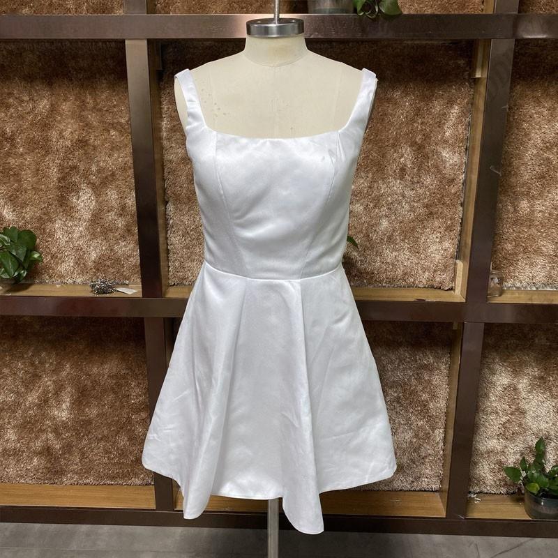 Short Mini Satin Wedding Dress Square Collar Removable Bow Robe De Mariee Spaghetti Straps Backless A-line Bride Party