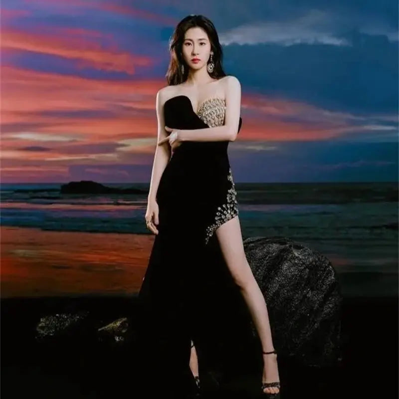 2025 Luxury Shining Diamonds Sexy High Slit Stapless black velvet Long Dress Elegant Woman Birthday Party Dress Goddess Vestido