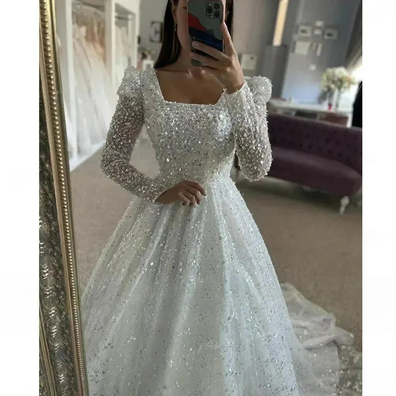 Luxurious Wedding Gowns With Beading Princess A-line Ball Gown Square Collar Full Sleeve Bride Dress Prom Dresses Robe De Marie wedding dress 50cm