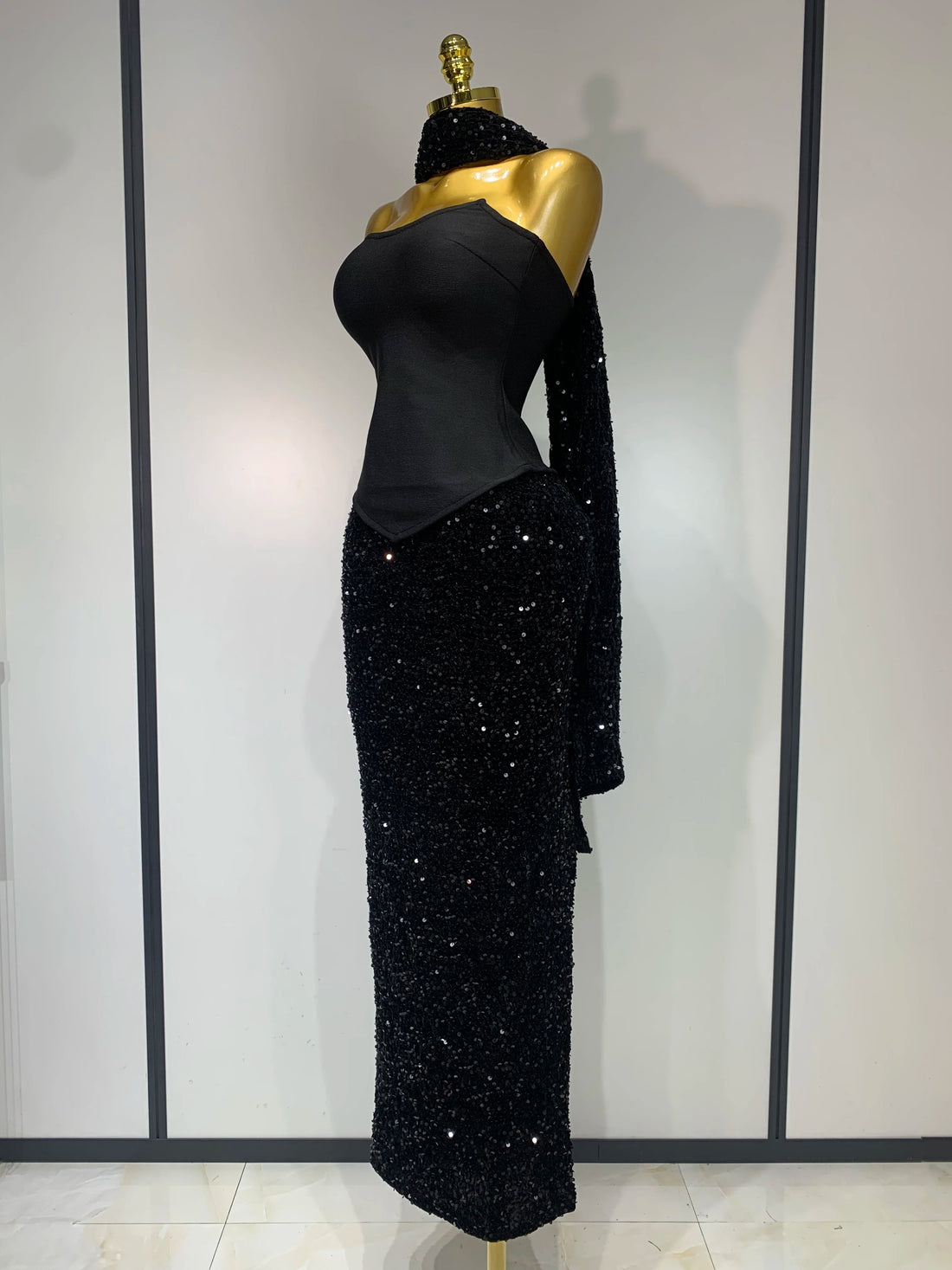 Women Sexy Strapless Sequin Black Maxi Long Bandage Three Piece Set 2025 Knitted Elegant Evening Club Party Birthday Prom Gowns