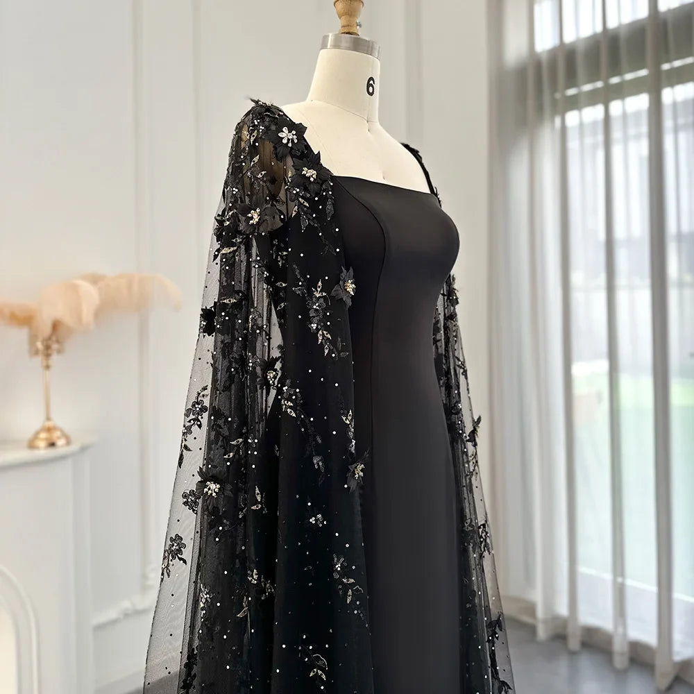 Luxury 3D Flowers Black Satin Arabic Evening Dress with Cape Elegant Mermaid Long Women Formal Party Gowns