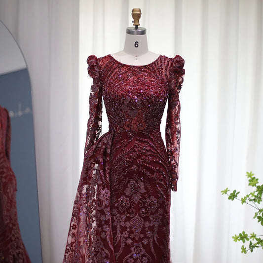 Vestido de noche musulmán de sirena color burdeos de Dubái de lujo con sobrefalda y mangas largas, marrón, de talla grande, para mujer, para fiesta de boda 