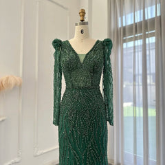 Navy Blue Mermaid Evening Dress for Women Wedding Elegant Emerald Green Long Sleeves Arabic Formal Party Gowns