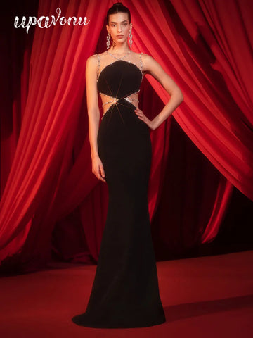 2025 Sexy Women's Light Luxury Water Diamond Spaghetti Strap Sleeveless Bandage Dress Waist Waist Bodycon Backless Long Dresses