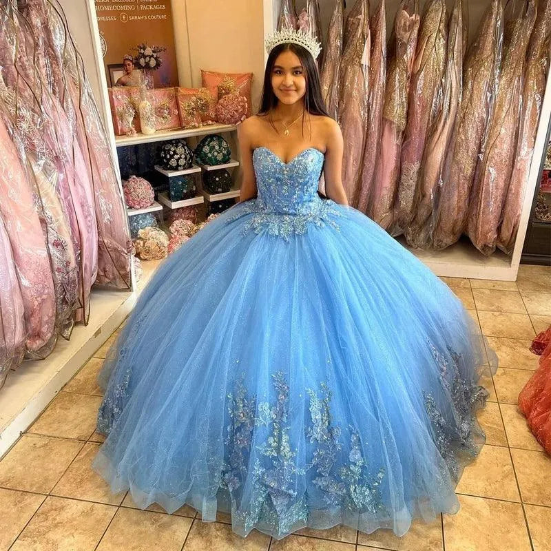 Quince Dress | Glittering Blue Ball Gown Quinceanera Dresses Luxury Beading Appliques Vestidos De 15 Anos Formal Birthday Party picture blue
