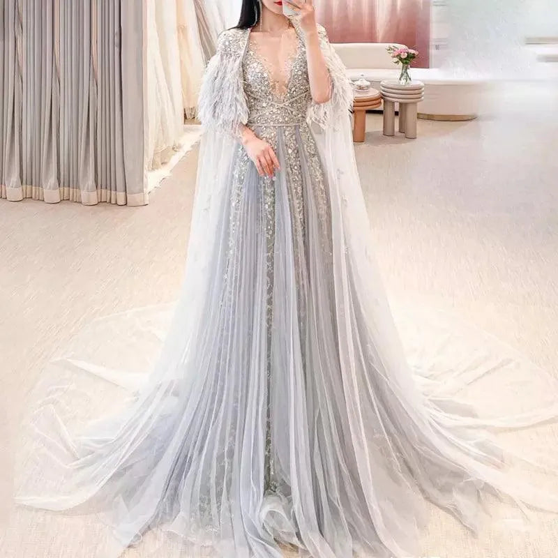 Luxury Dubai Silver Grey Evening Dresses with Feather Cape Shawl Arabic Women Wedding Party Formal Prom Dress Evening Dress
