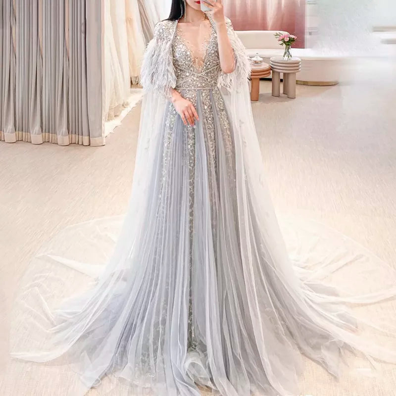 Luxury Dubai Silver Grey Evening Dresses with Feather Cape Shawl Arabic Women Wedding Party Formal Prom Dress