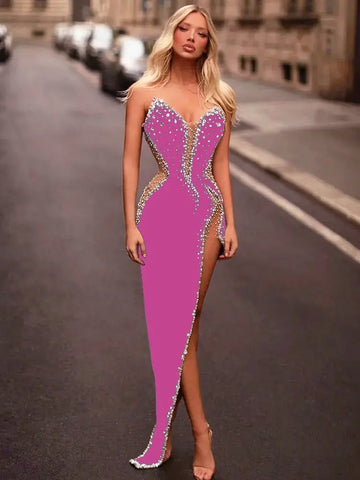 Women Sexy Strapless Shinning Rhinestones Bodycon Bandage Long Dress Fashion Celebrate Evening Party Vestido