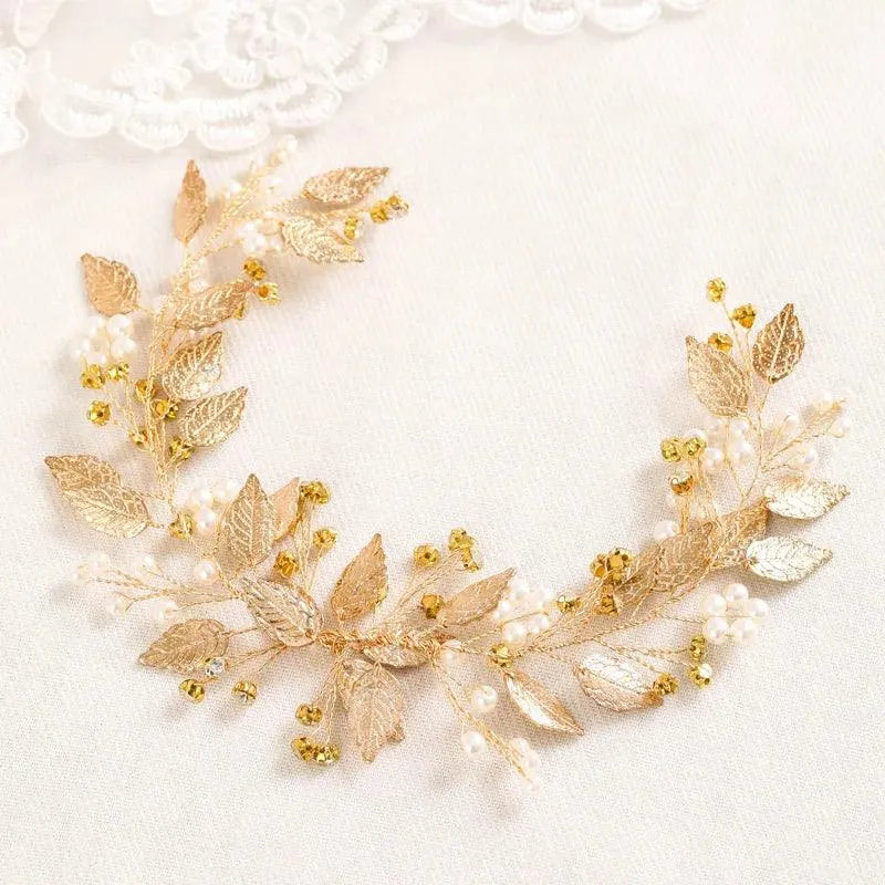 Premium Touch Handmade Gold Leaf Pearl Elegant Wedding Bride Hair Makeup Tiara Headbands For Women Gold