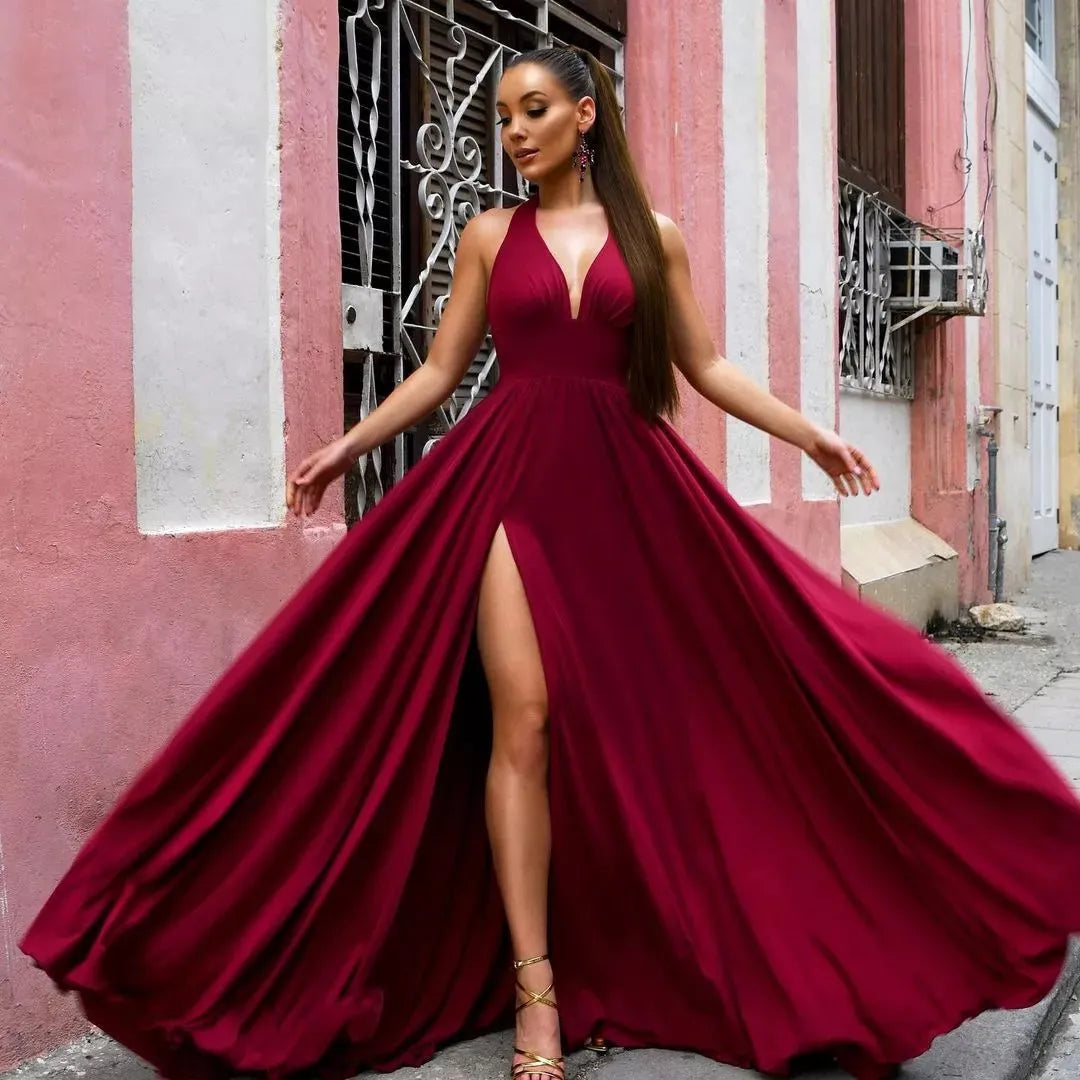 FATAPAESE Burgundy Bridesmaid Dresses Satin V Neck Slit Wedding Party Backless Women Dresses Elegant Long Prom Party Gown Summer