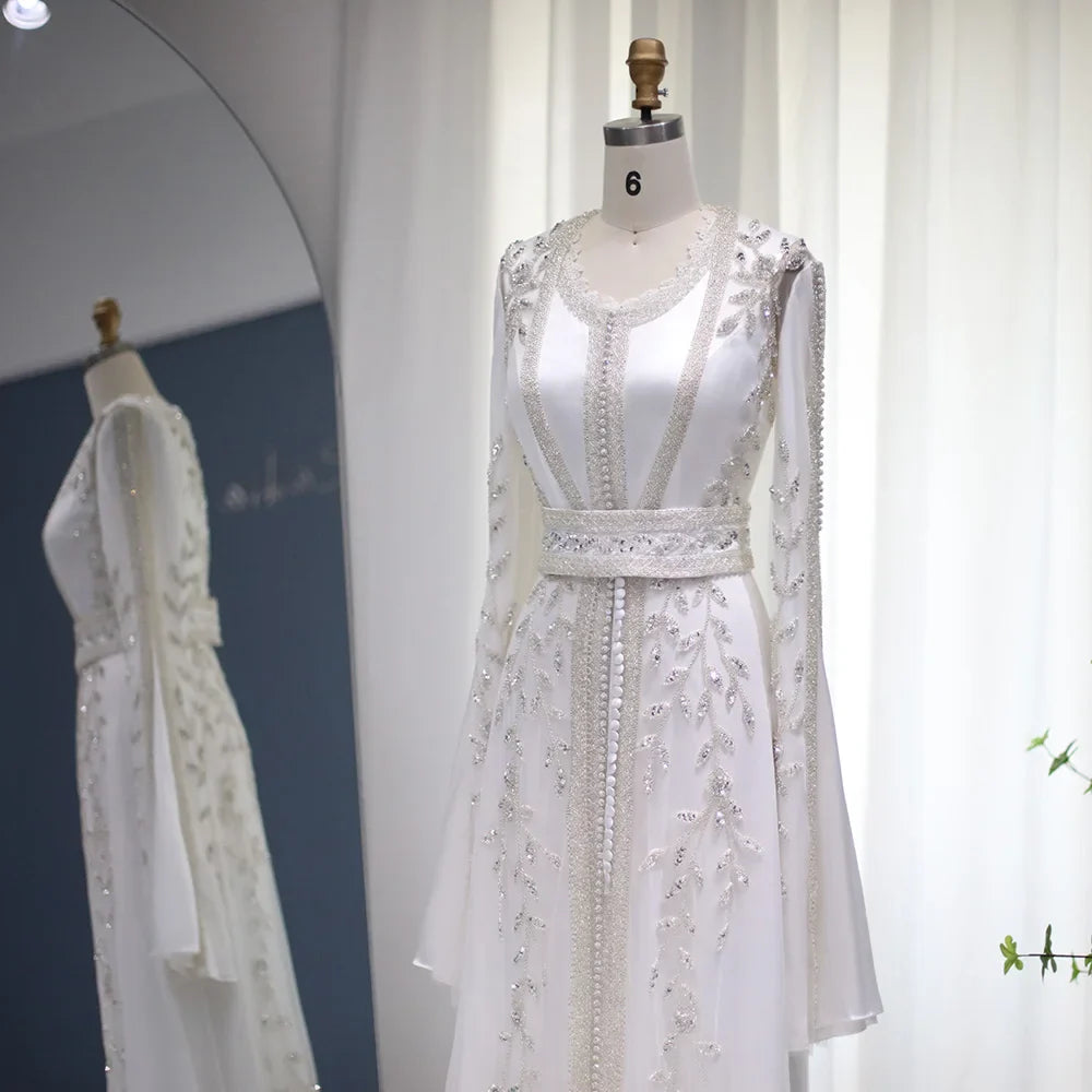 Vestidos de noche de lujo estilo caftán marroquí de Dubái para mujer, vestidos formales árabes musulmanes elegantes de manga larga para boda 