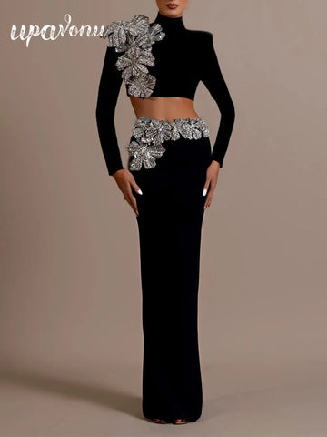 2024 Sexy Women's Bandage Skirt Set Stand up Collar Long Sleeve Nail Bead Water Diamond Short Top+Long Dress Two Piece Set