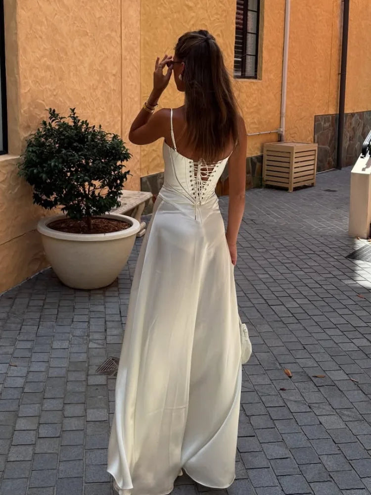 Elegant Solid Satin Ruffles Sling Long Dress Lady Sexy Square Collar Backless Sleeveless Lace Up Robes Chic Women Party Dresses White