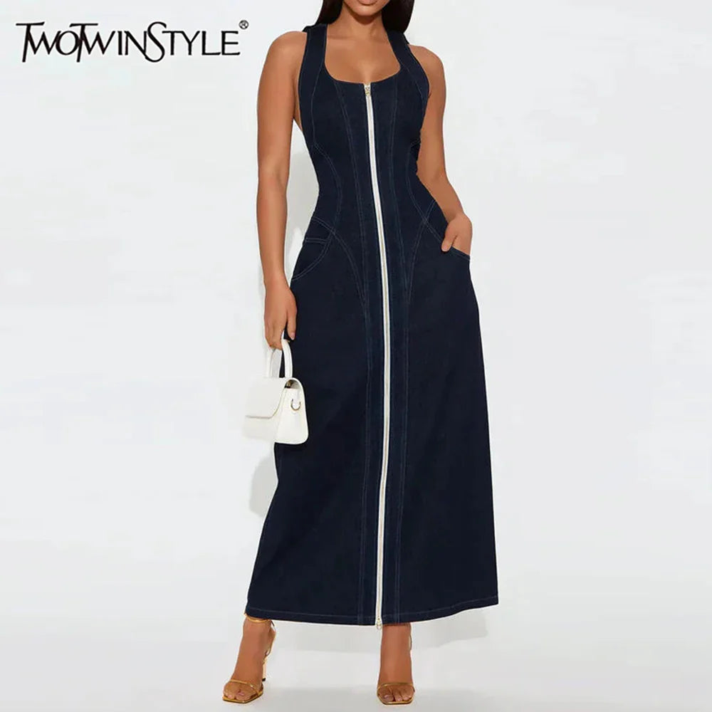 Solid Slimming Spliced Zipper Cowboy Dresses for Women Halter Neck Sleeveless Temperament Dress Femlae Fashion New