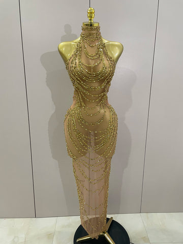 Luxury Sparkly Gold Rhinestone Sexy Transparent Mesh Long Dress  Women Birthday Party Gown Stage Singer Performance Costume