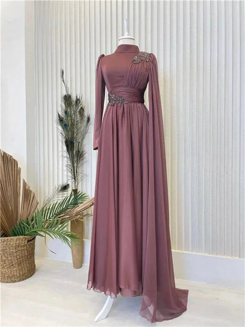 A-Line Chiffon Blue Prom Gown Vestidos De Noite Beaded Long Sleeves Formal Dress Arabic Dubai Arabic Evening Dresses Blue