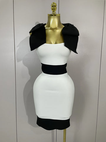 Sexy Bow Tie Black White Patchwork Bodycon Bandage Dress  Women Celebrity Elegant Evening Club Party Birthday Dresses