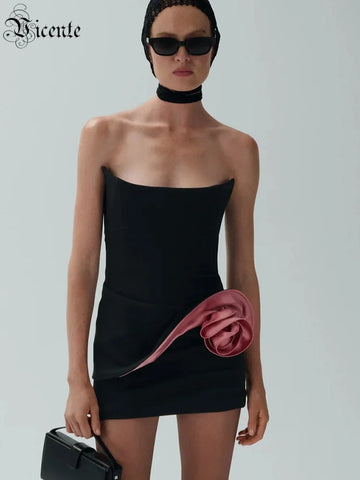 VC Edgy Strapless Black Mini Dress with Pink Satin Ruffle for a Fashion-Forward Party Gown