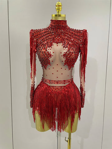 Sparkly Rhinestone Sequin Tassel Stretch Bodysuits  Women Birthday Party Nightclub Dj Stage Performance Costume