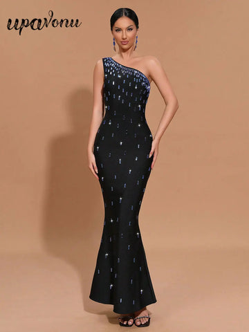 2024 Sexy Women Light Luxury Nail Bead Bandage Dress One Shoulder Slant Neck Sleeveless Bodycon Tail Dress Evening Party Vestido