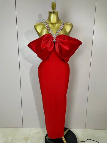 Luxury Rhinestone Chain Red Off Shoulder Vintage Butterfly Chic Bodycon Long Dress  Elegant Evening Party Birtyday Clothing