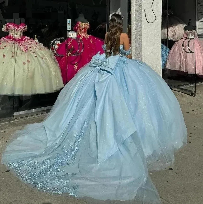 Quince Dress | Luxury Blue Quinceanera Dresses With Bow Beading Lace Appliques Vestidos De 15 Anos Formal Birthday Party Princess