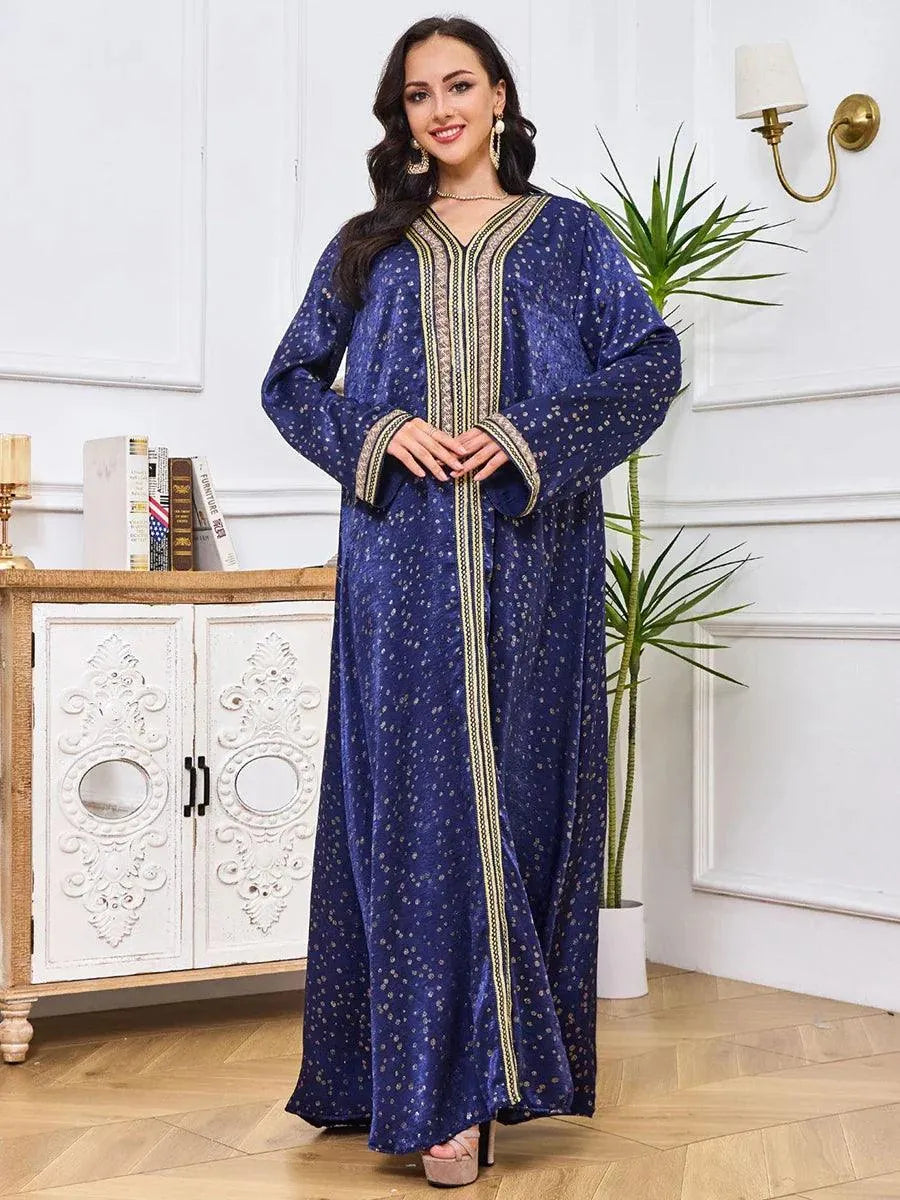 Islamic Women Clothing Elegant Ethnic Abaya Dress Diamonds Tape Trim Full Sleeve V-Neck Casual Loose Long Dress Gulf Blue Dress