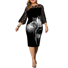 Plus Size Women Clothing Elegant Casual Party Dress Autumn/Winter Lace Print Knee-Length Flare Sleeve O-Neck