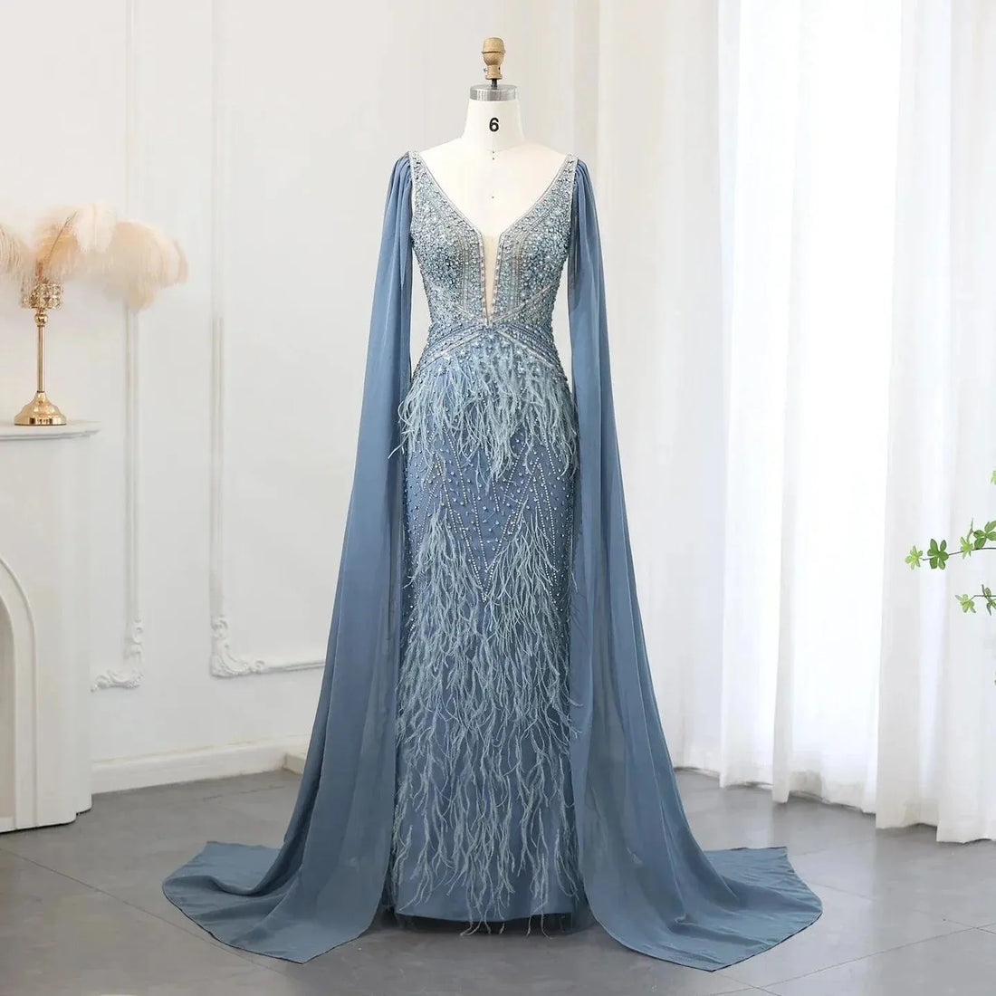 Luxury Feathers Blue Mermaid Evening Dress with Cape Sleeves Lilac Beaded Prom Dresses for Women Wedding Party Evening Dress