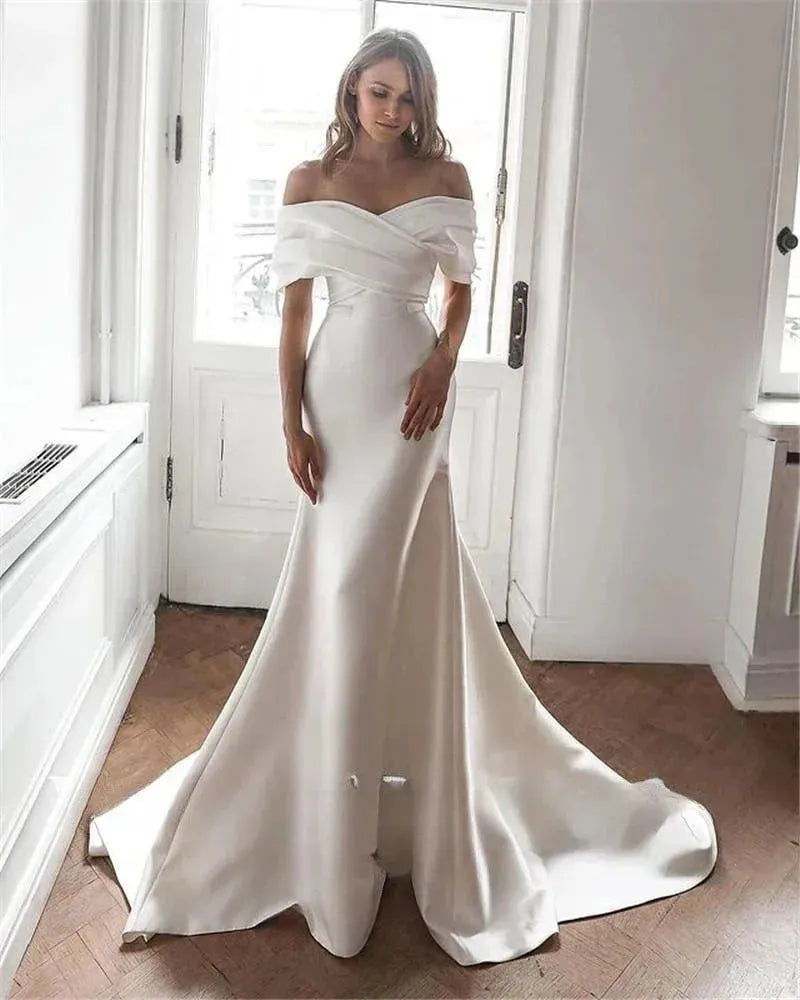Charming Off-the-Shoulder Satin Mermaid Wedding Dresses Mermaid Sleeves Court Train Customize To Measures Robe De Mariee champagne Satin