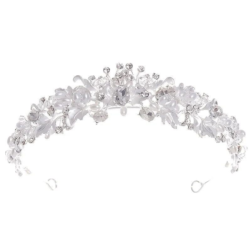 Silver Color Pearl Crystal Crown Headband Flower Rhinestone Gold Tiara Diadem Party Women Bride Wedding Hair Accessories Jewelry