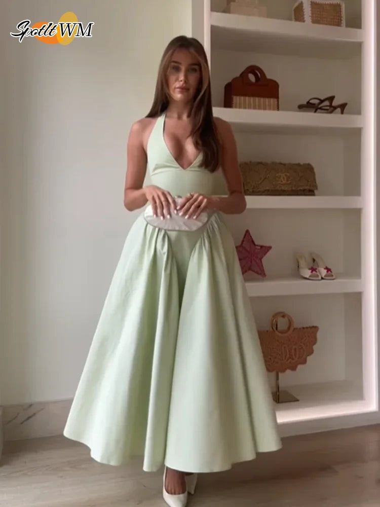 Women's High Waisted V-neck Lace Up Halter Dresses Sexy Sleeveless Backless A-line Dress Summer New Fashion Beach Vacation Robes