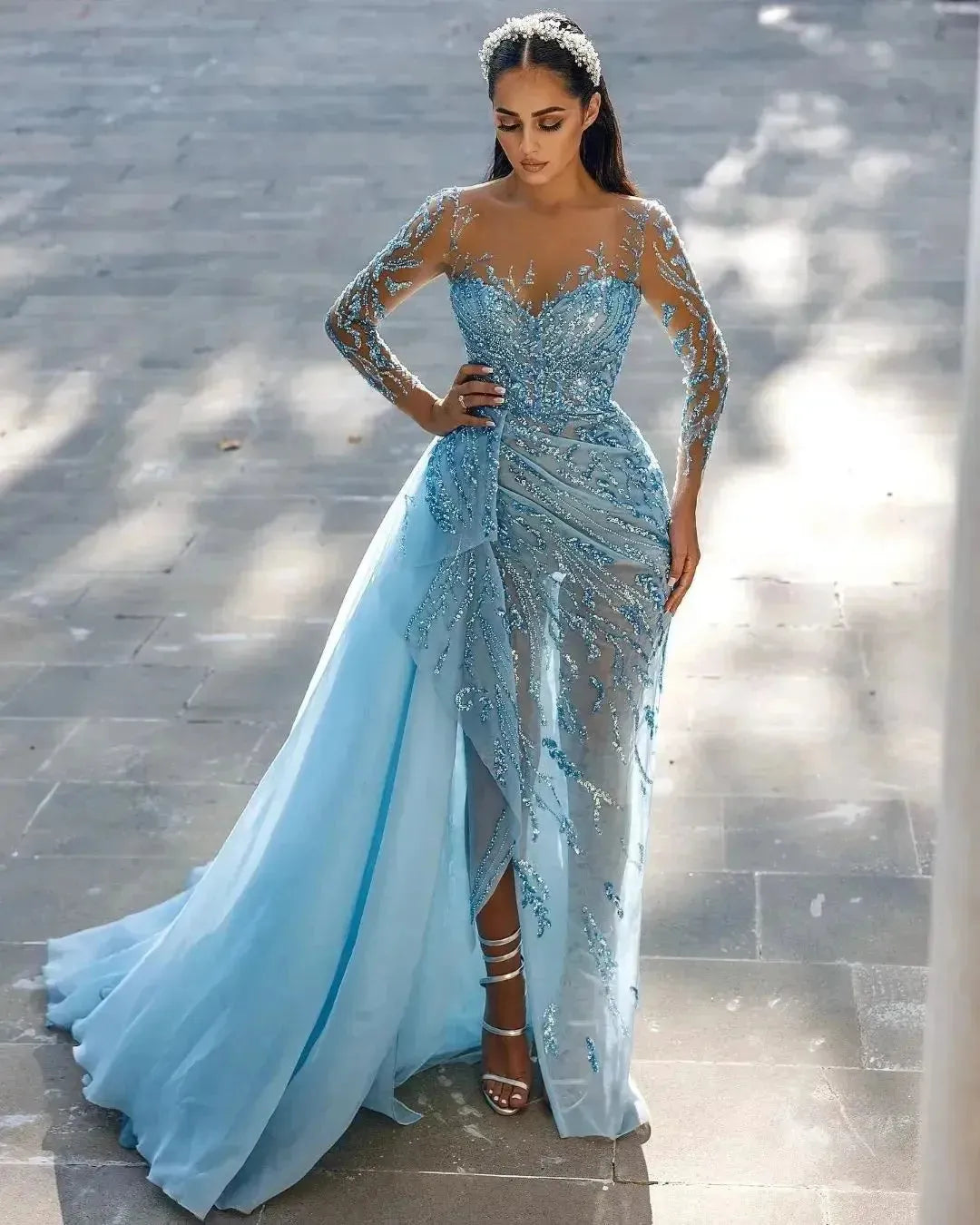 Luxurious Sexy Evening Dresses Full Sleeve Side Train Mermaid Prom Dress Sky Blue High Neck Formal Party Gowns Blue