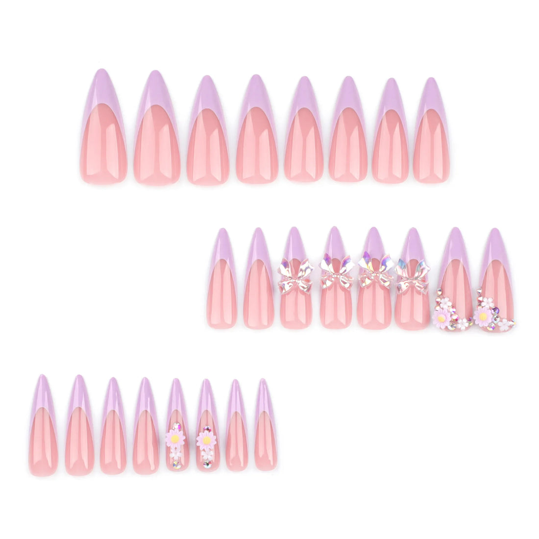 24Pc Long Stiletto Press on Nails Cherry Pink French False Nails with 3D Bow Pearls Design Detachable Acrylic Fake Nail Art Tips